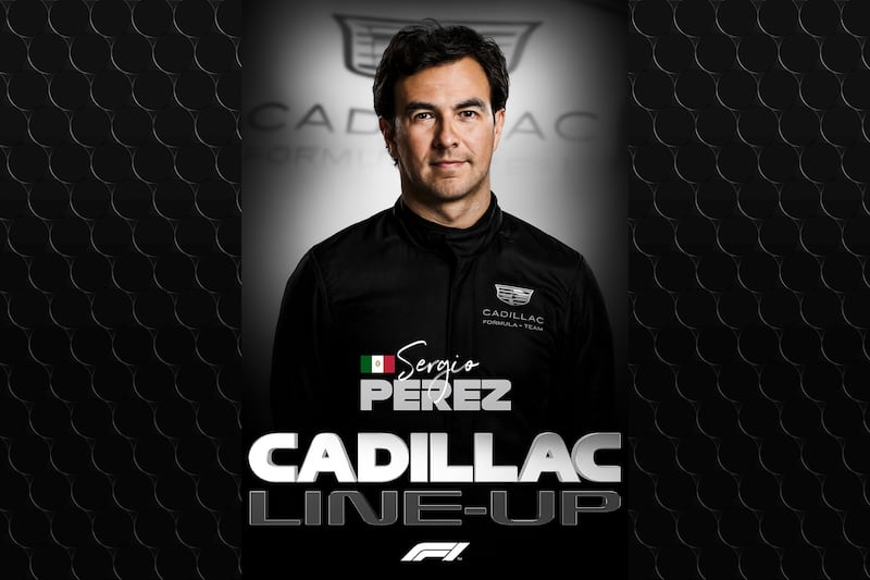 Sergio Pérez en Cadillac. Imagen oficial del anuncio del piloto mexicano que volverá en 2026. El piloto mexicano estará en la sexta escudería de su carrera y  después de un año de ausencia.