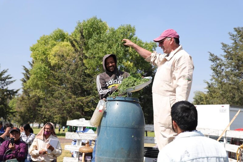 Agricultor vierte hierba en una cuba