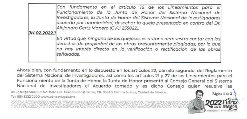 Respuesta de la queja presentada en contra del Dr. Alejandro Gertz Manero