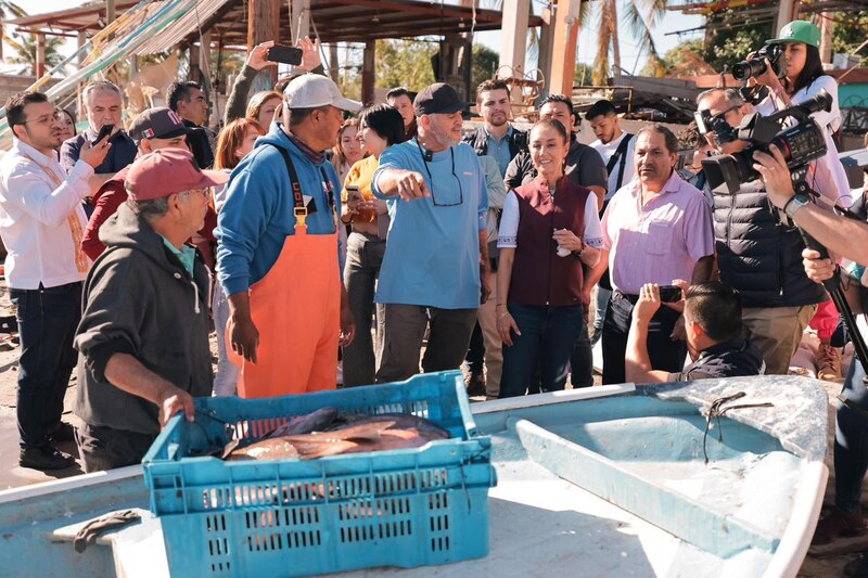 El presidente López Obrador supervisa el reparto de pescado en una comunidad pesquera