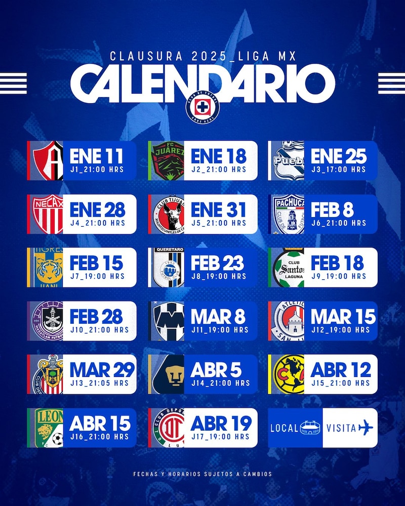 Estas son las fechas y horarios de las 17 jornada que disputará Cruz Azul en el Clausura 2025 de la Liga MX.