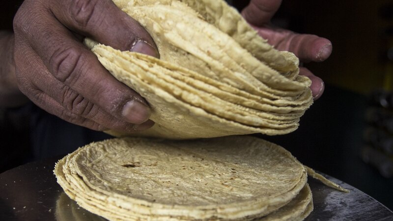 Un hombre sostiene una pila de tortillas de maíz calientes.