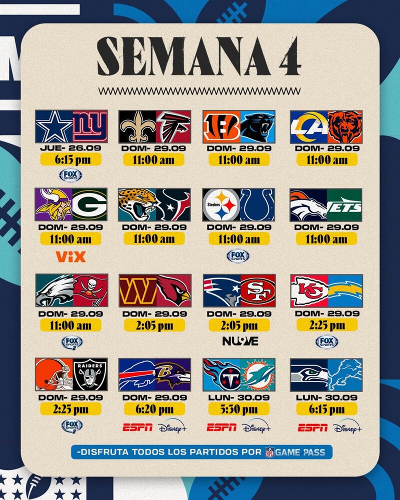Posible título:
Semana 4 de la NFL: Partidos y horarios