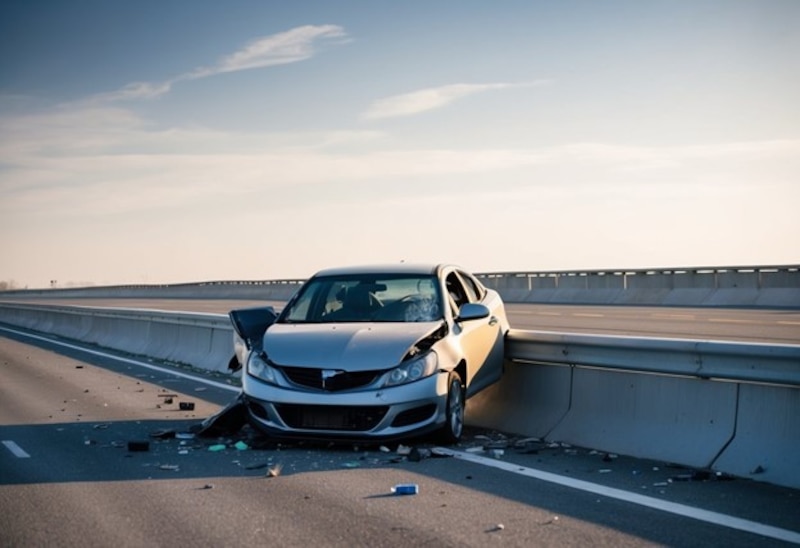 Auto accidentado en carretera que ilustra los riesgos y derechos de indocumentados tras un choque vehicular.
