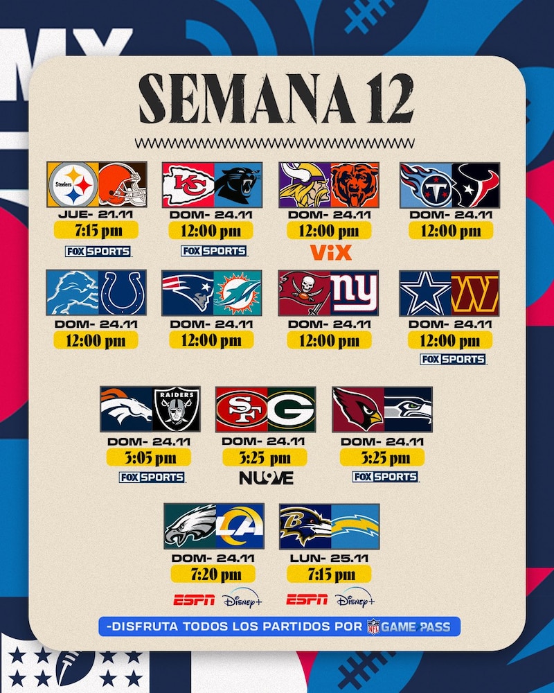 Partidos, horarios, fechas y canales de transmisión para la semana 12 de la NFL 2024.