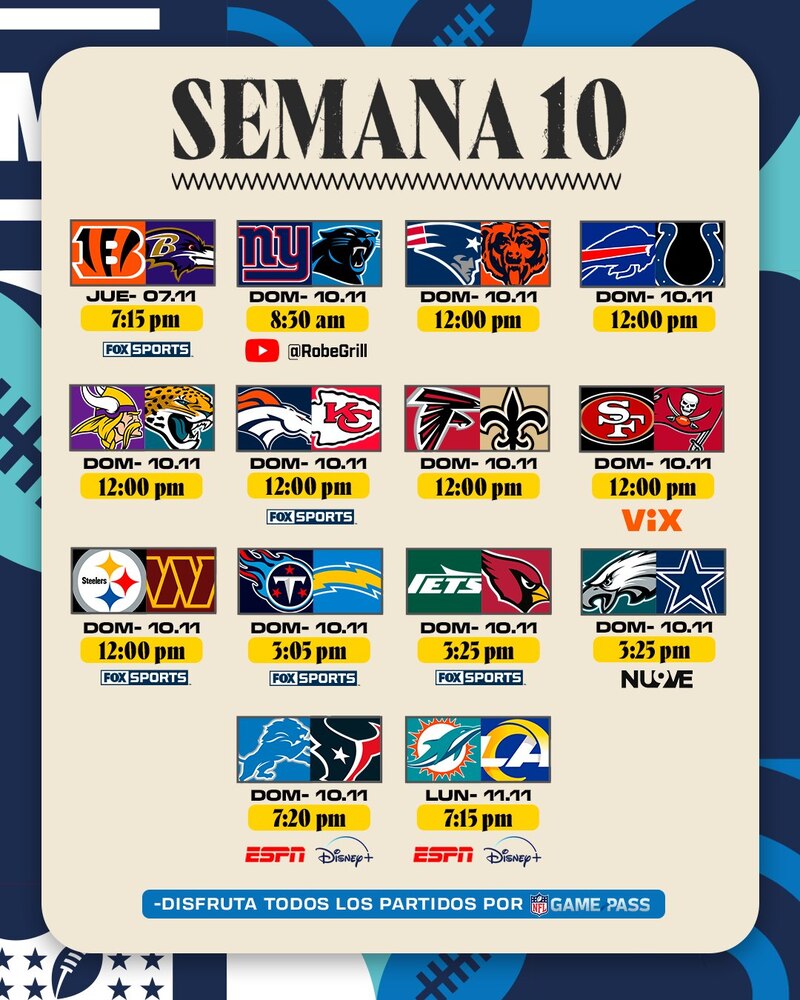 Partidos, fechas, horarios y canales de transmisión de la semana 10 de la NFL 2024