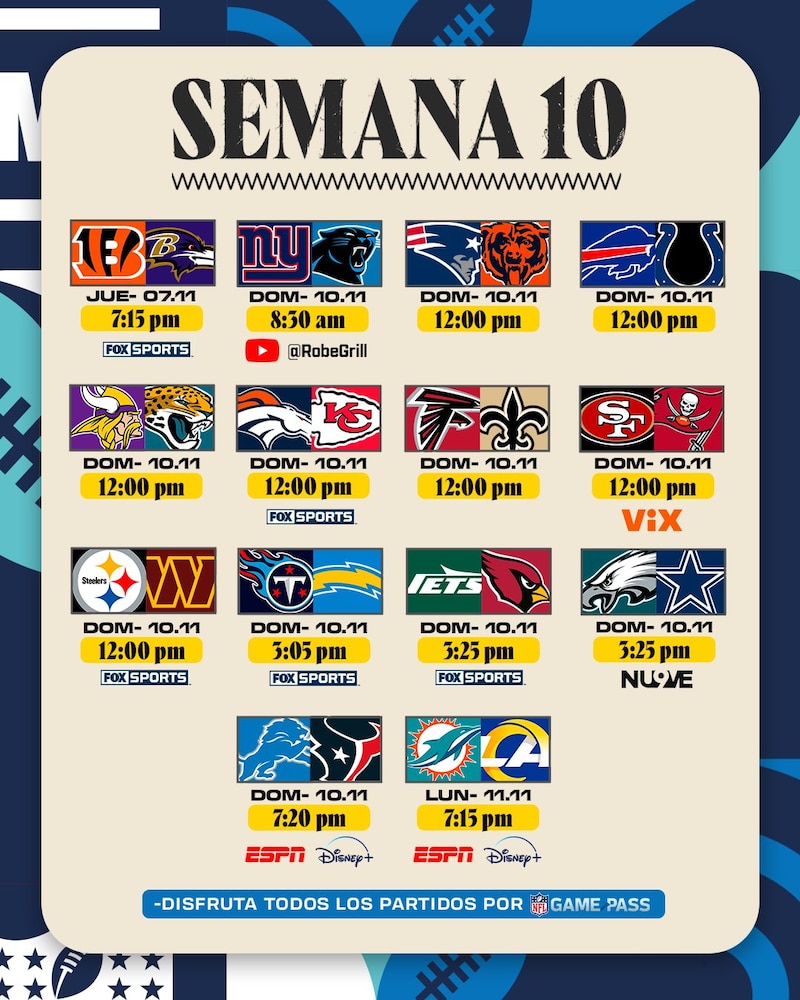 Partidos, fechas, horarios y canales de transmisión de la semana 10 de la NFL 2024