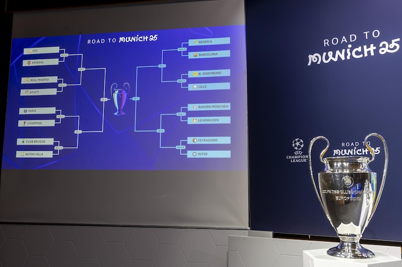 Trofeo de la Champions League con el sorteo de octavos de final de la temporada 2024-2025 del futbol europeo.