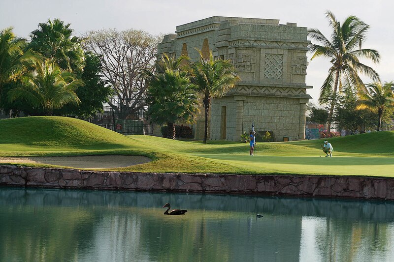 Golfista en un campo de golf con un cenote y un pato negro en el agua.