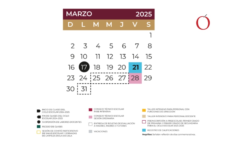 Calendario escolar SEP mes de marzo