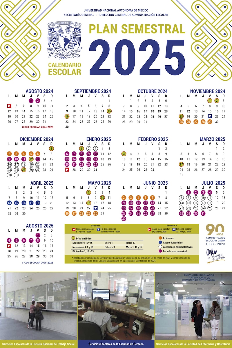 Calendario completo oficial UNAM que corresponde al periodo de 2024-2025.