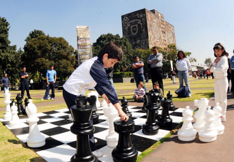 Niño jugando ajedrez en un parque