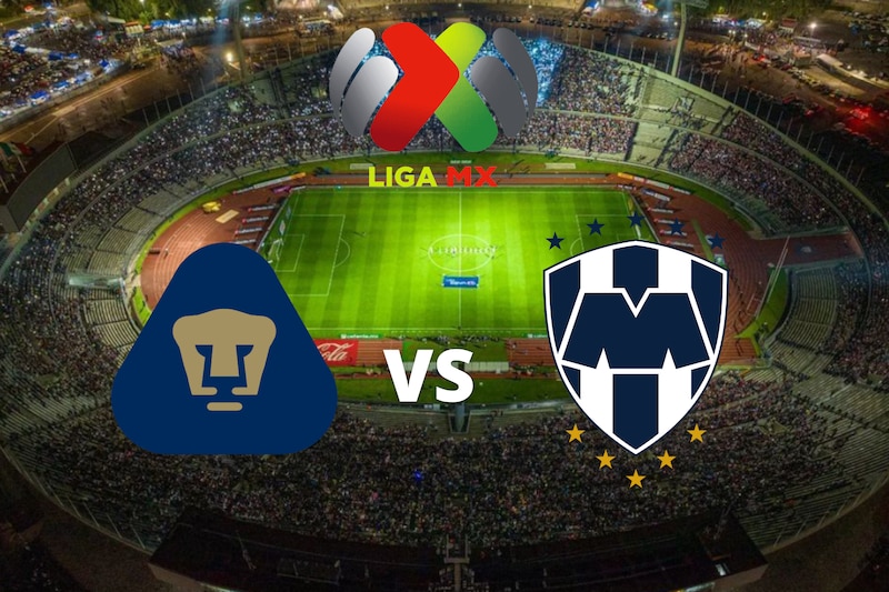 Partido Pumas vs Monterrey de la Jornada 12 Liga MX. Composición fotográfica con el Estadio Olímpico Universitario y los logos de los equipos Pumas y Monterrey