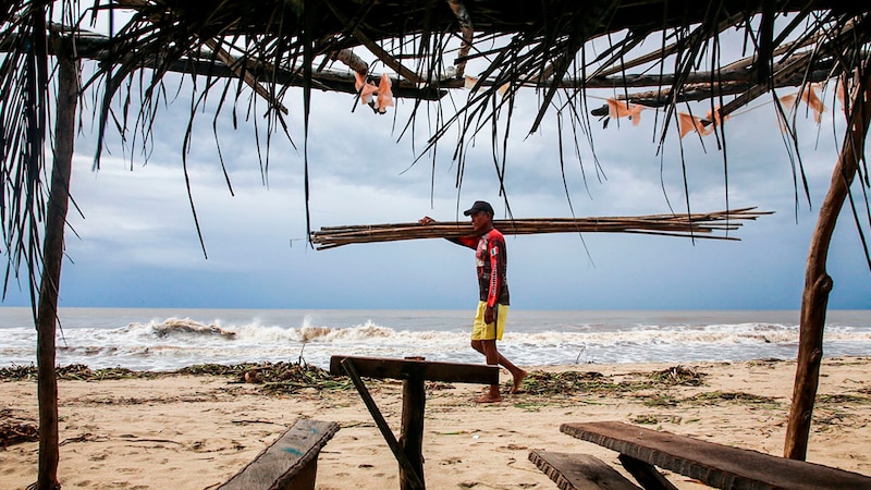 Un hombre camina por la playa cargando un montón de leña.