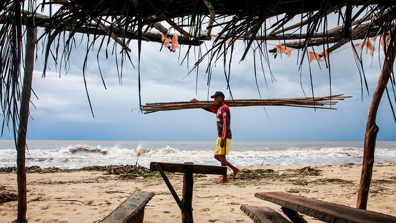Un hombre camina por la playa cargando un montón de leña.