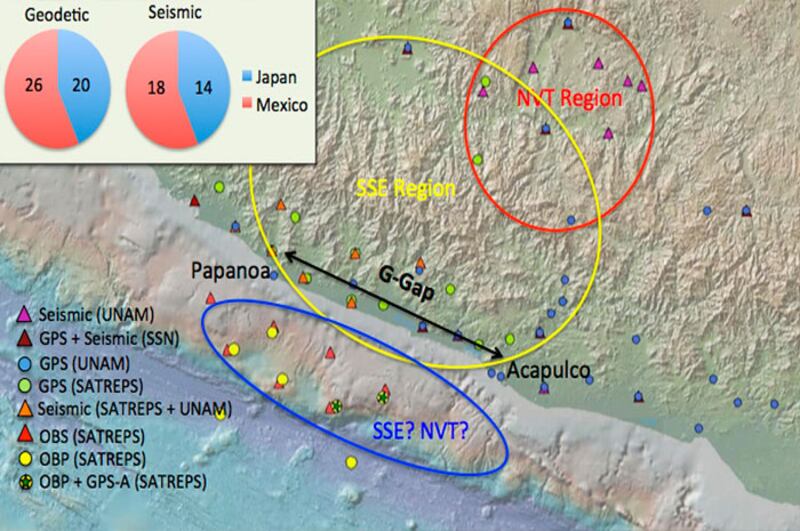 Mapa de la región de Guerrero, México, mostrando la ubicación de los sismos registrados en la zona.
