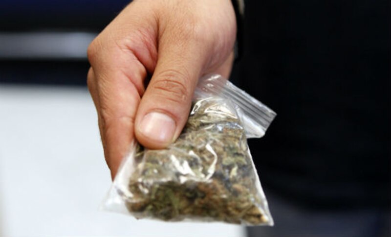 Un hombre sostiene una bolsa de marihuana en la mano