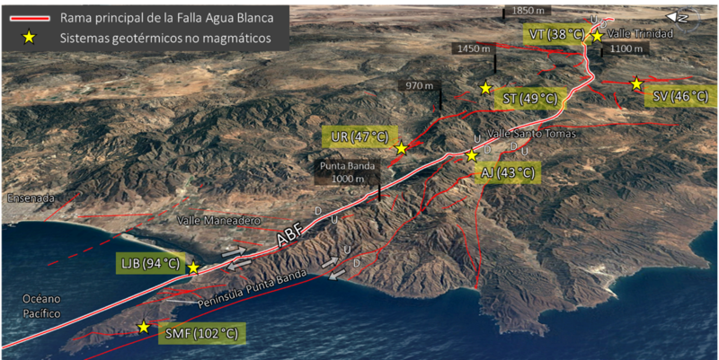 Mapa de los sistemas geotérmicos no magmáticos en la región de la falla Agua Blanca, Baja California, México.