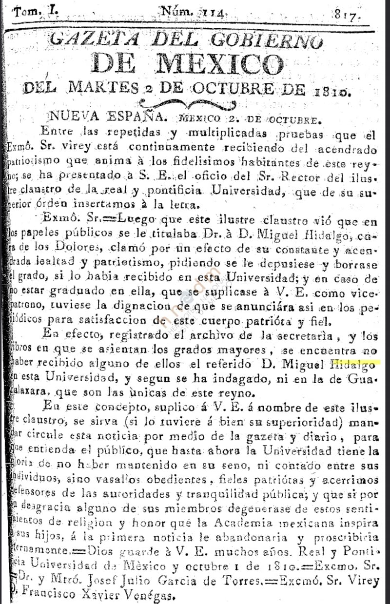 Gazeta del Gobierno de México (1810) . Los textos referían señalaban a Miguel Hidalgo por sus crímenes y los saqueos realizados a comunidades acaudaladas de la Nueva España.