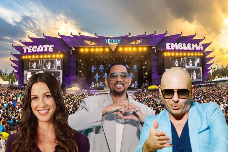 Composición fotográfica donde se muestra el Festival Tecate Emblema y los artistas Alanis Morrisette, Will Smith y Pitbull