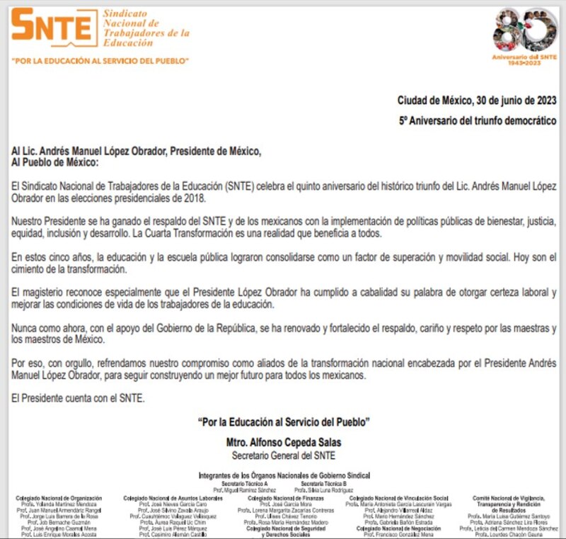 Title: SNTE celebra el 5º aniversario del triunfo democrático de AMLO