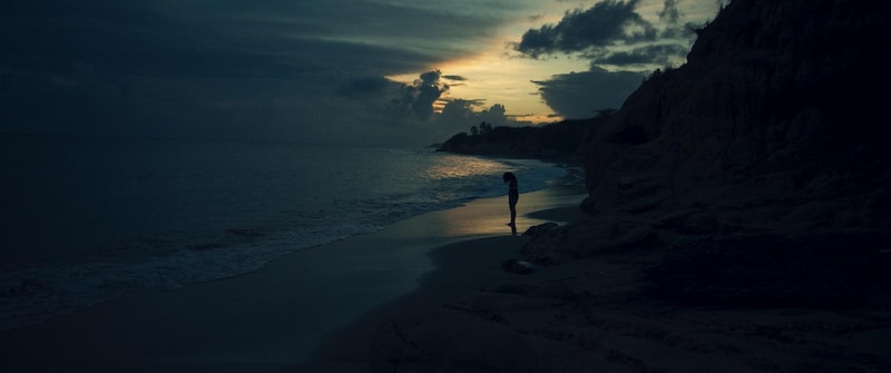 Silueta de mujer sola en la playa al atardecer