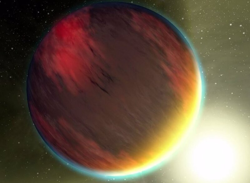 Un planeta rojo brillante brilla en el espacio