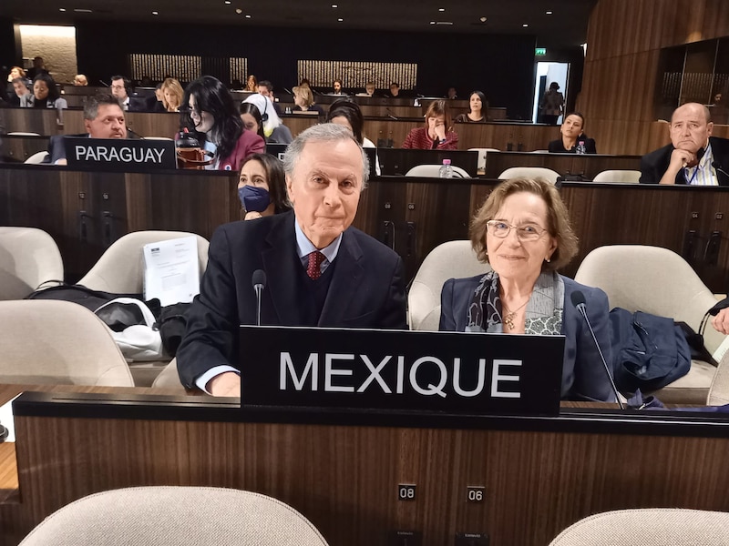 El presidente de México, Andrés Manuel López Obrador, y la embajadora de México en Francia, Blanca Elena Jiménez Cisneros, asisten a la ceremonia de investidura del presidente de Francia, Emmanuel Macron.