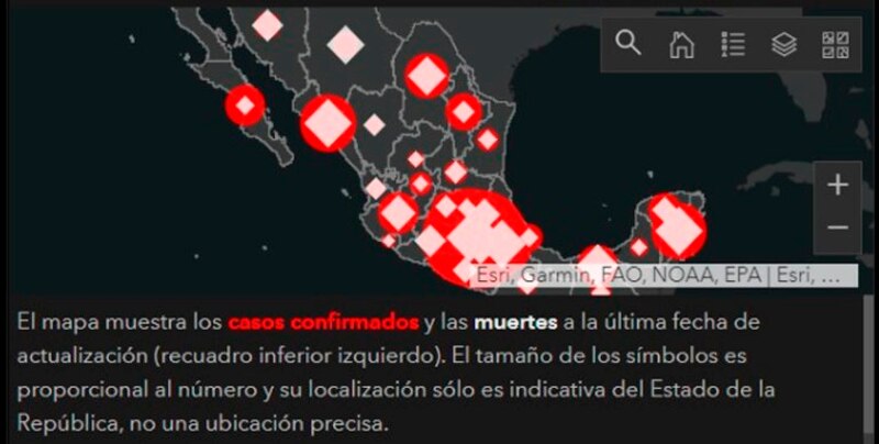 Mapa de casos confirmados y muertes por COVID-19 en México