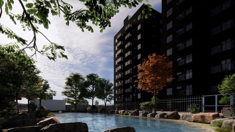 Edificio de apartamentos moderno con piscina
