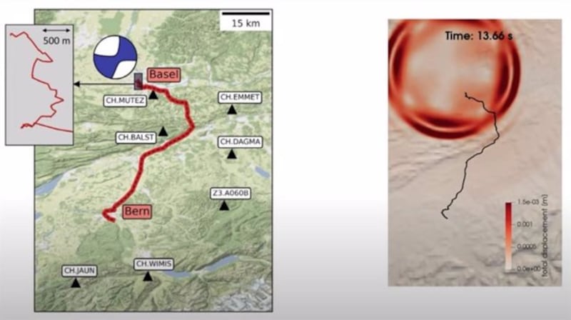 Un mapa de la falla del Rin Superior, que muestra la ubicación de los sismómetros y el epicentro del terremoto.