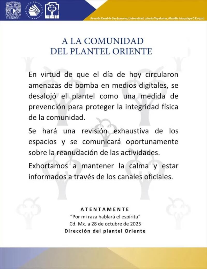 Comunicado oficial del CCH Oriente tras amenaza de bomba