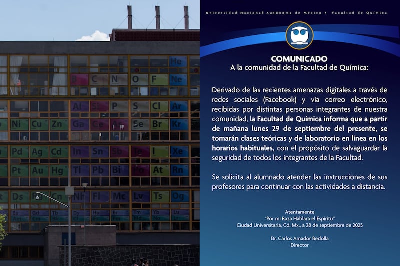 Amenazas en la Facultad de Química, UNAM. Las autoridades suspendieron las clases presenciales hasta nuevo aviso tras diversas amenazas digitales.