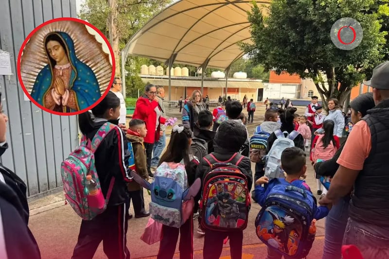 Foto de niños entrando a una escuela y una imagen de la Virgen de Guadalupe