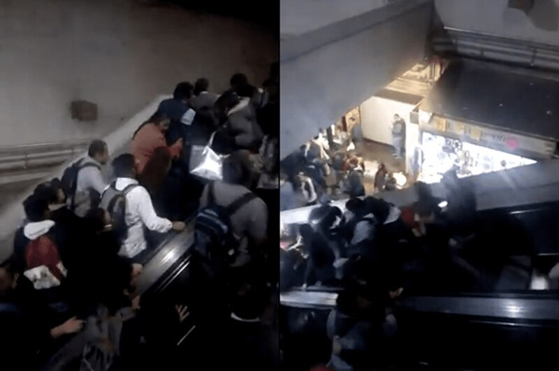 Escalera eléctrica se lleva a varias personas por delante en una estación de metro