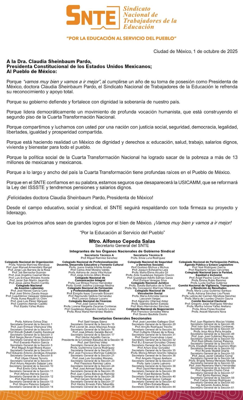 Comunicado oficial del 1 de octubre de 2025 del Sindicato Nacional de Trabajadores de la Educación.