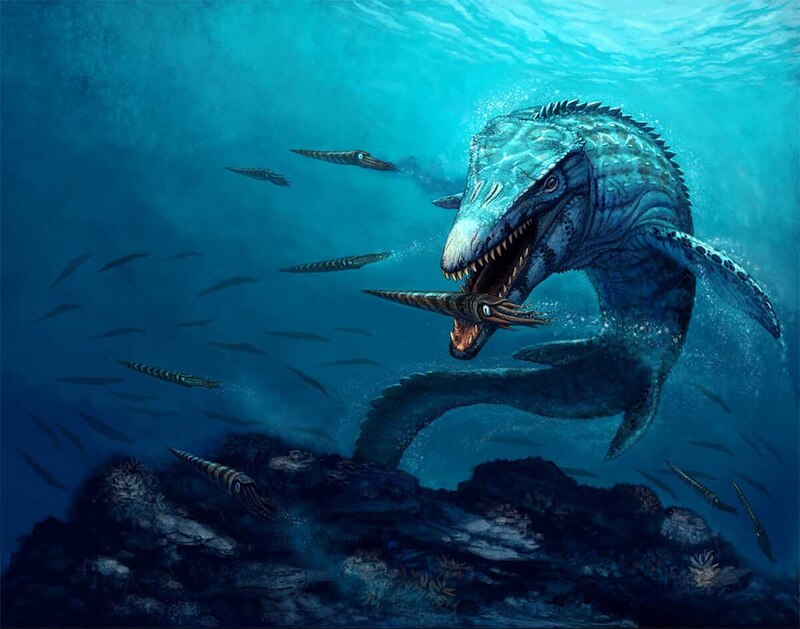 Plesiosaurio atacando a un grupo de peces