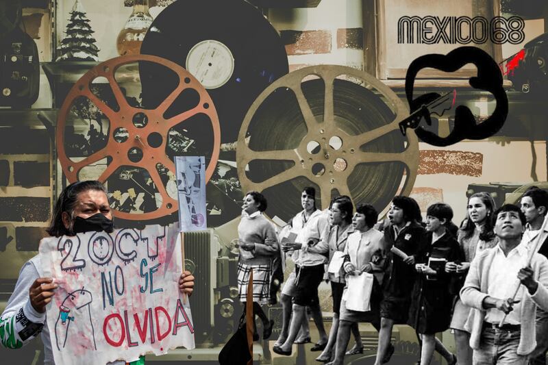 Fondo cinematográfico y escenas de las marchas del 68