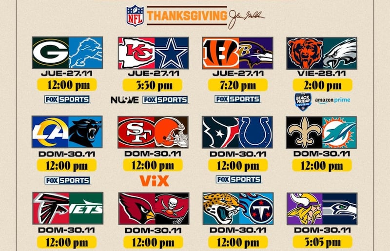 partidos importantes como Cowboys, Chiefs, Lions, Packers y Ravens toman el Día de Acción de Gracias; el viernes destacan Bears y Eagles.