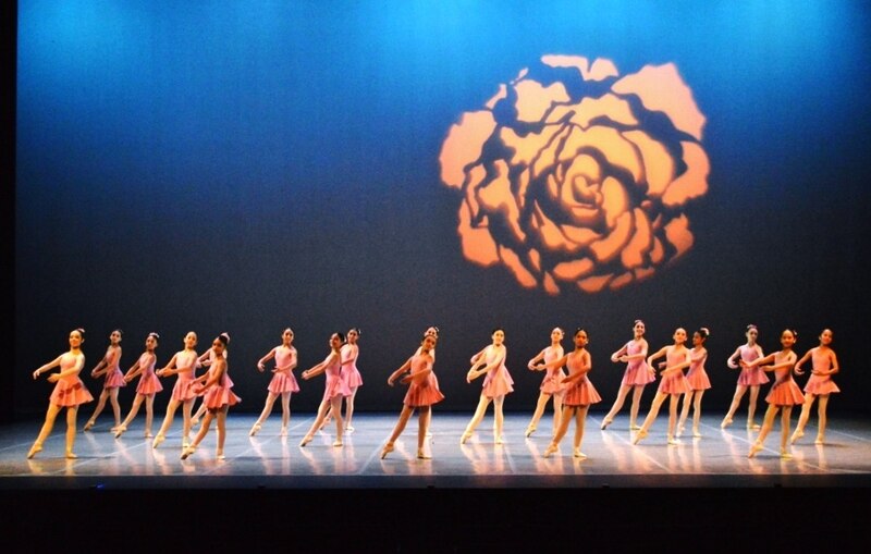 Jóvenes bailarinas en tutús rosas realizando una coreografía sobre un escenario con una rosa gigante proyectada al fondo.