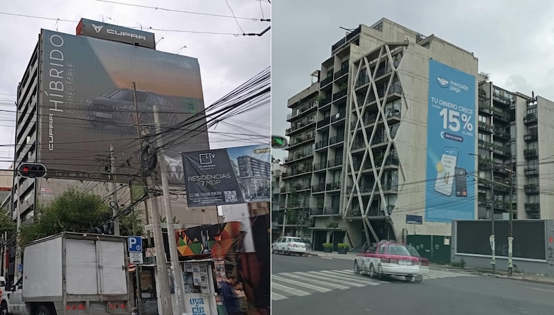Dos edificios con publicidad en sus fachadas