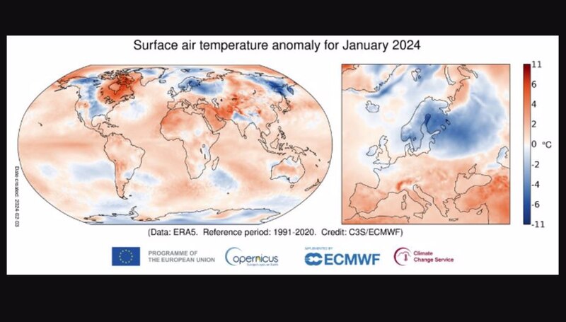 Anomalía de la temperatura del aire en superficie para enero de 2024