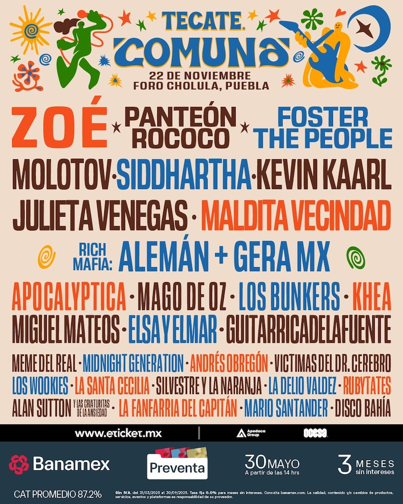 Cartel oficial del Tecate Comuna 2025. Más de 20 bandas y artistas fueron confirmadas y confirmados para la edición del festival de este año.