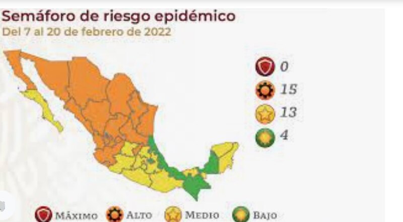 Semáforo de riesgo epidémico en México del 7 al 20 de febrero de 2022