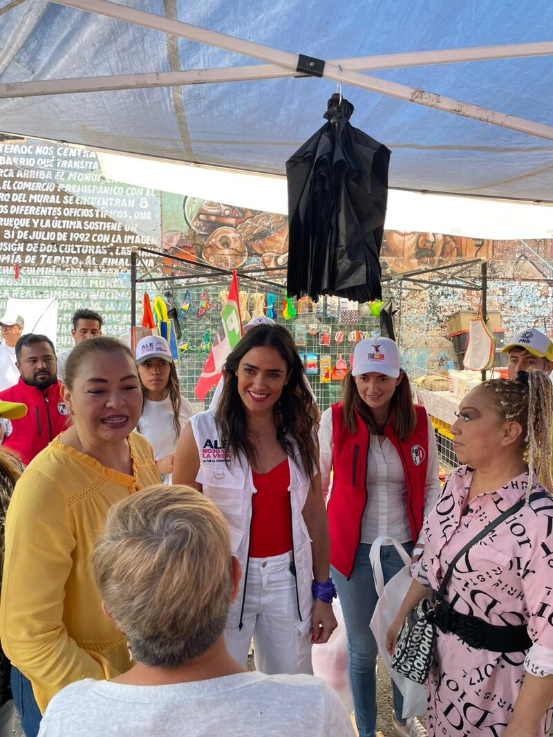 Title: La alcaldesa de Tepic, Geraldine Ponce, dialoga con comerciantes del mercado.