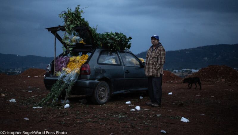 Un hombre vende flores en un mercado al aire libre.