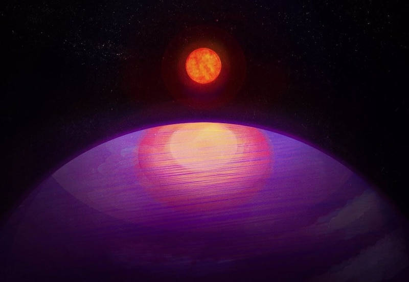 Un planeta púrpura con una luna roja