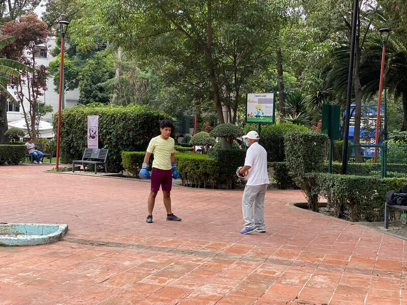 Dos hombres practicando boxeo en un parque