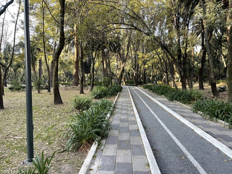 Un hermoso parque con una larga y ancha vereda para caminar