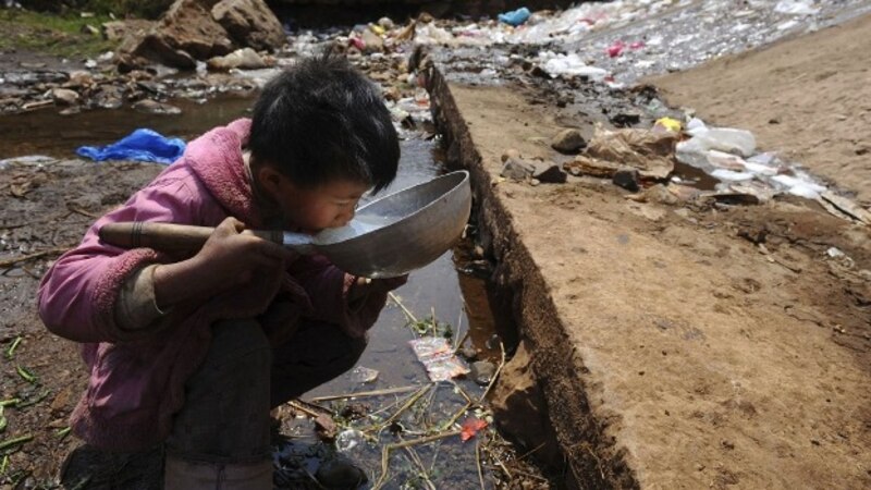 Niño bebe agua contaminada de un río